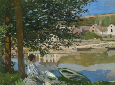 a painting of a woman sitting by a lake