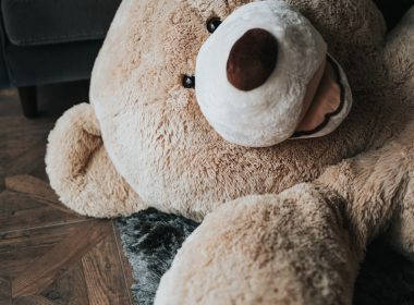 brown bear plush toy on black textile