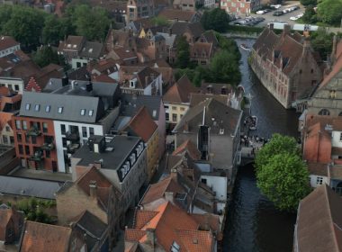 Aerial view of a european town with a canal.