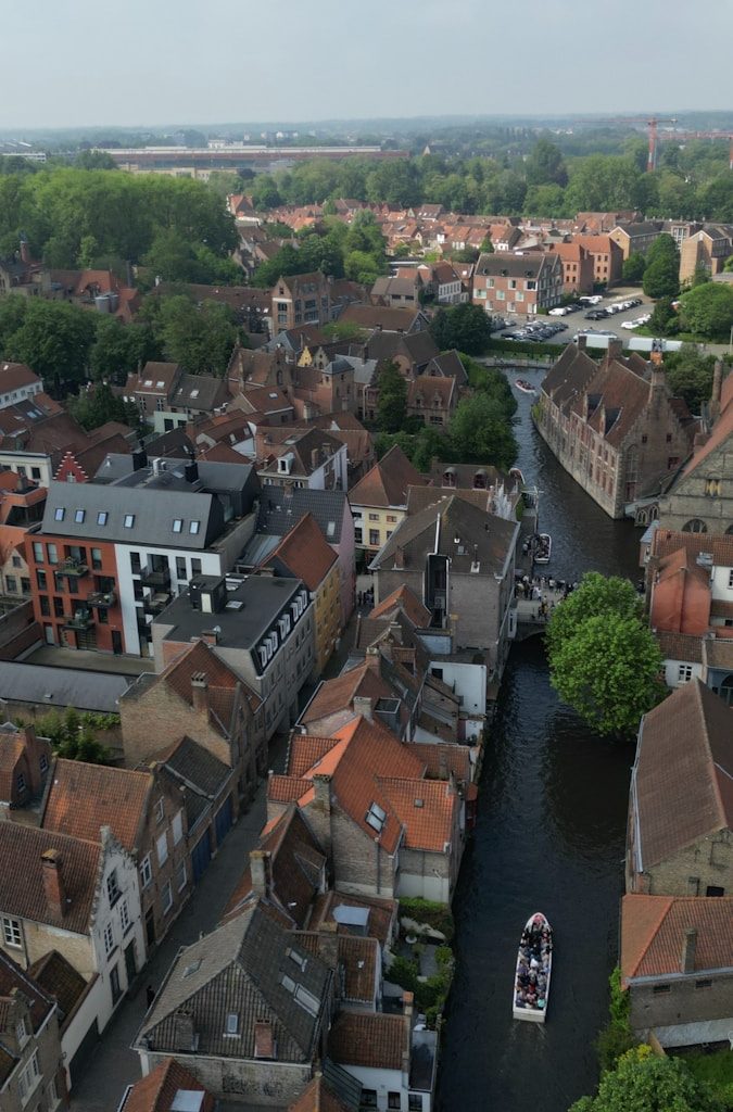 Aerial view of a european town with a canal.