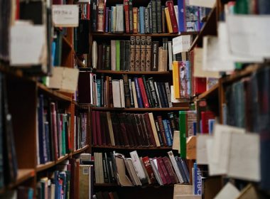 books on brown wooden shelf