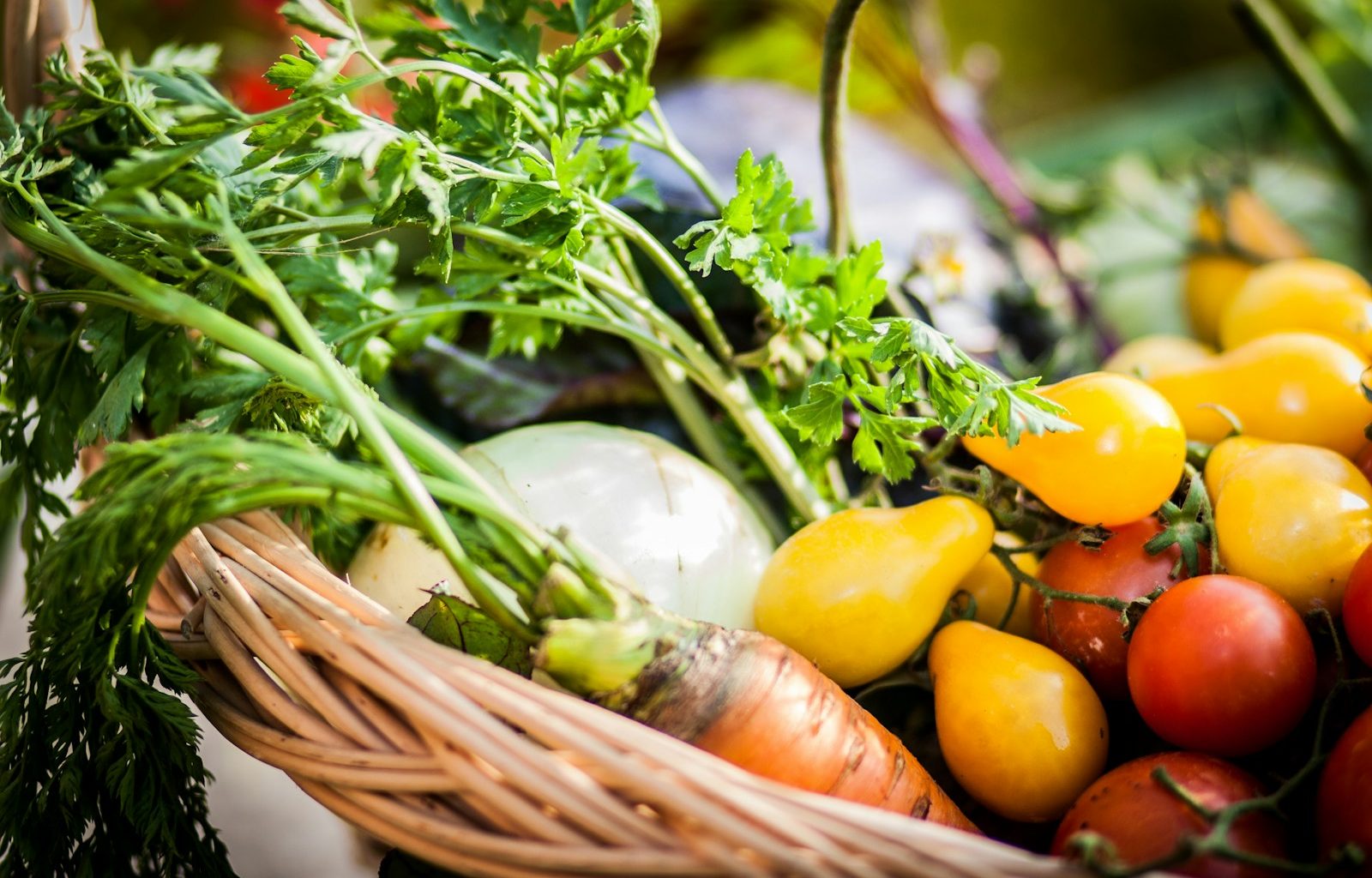 a basket filled with lots of different types of vegetables