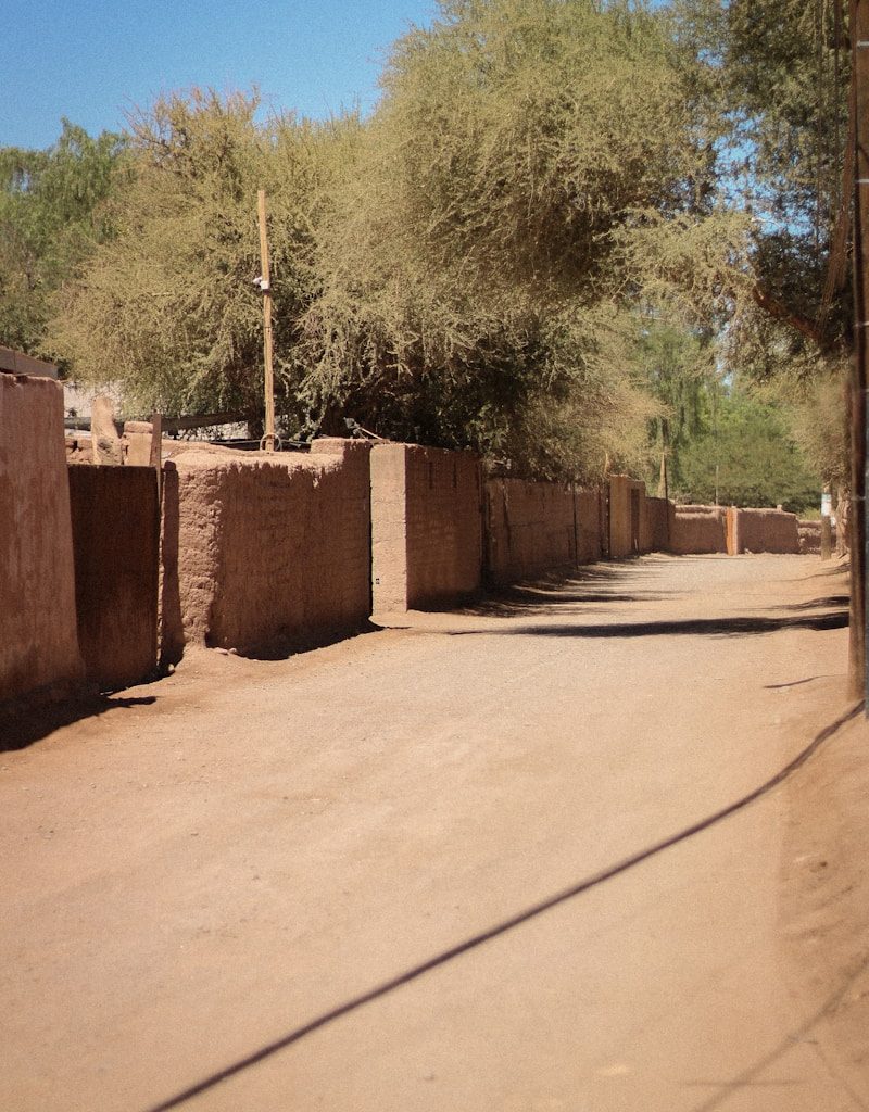 a dirt road with a building and trees in the background