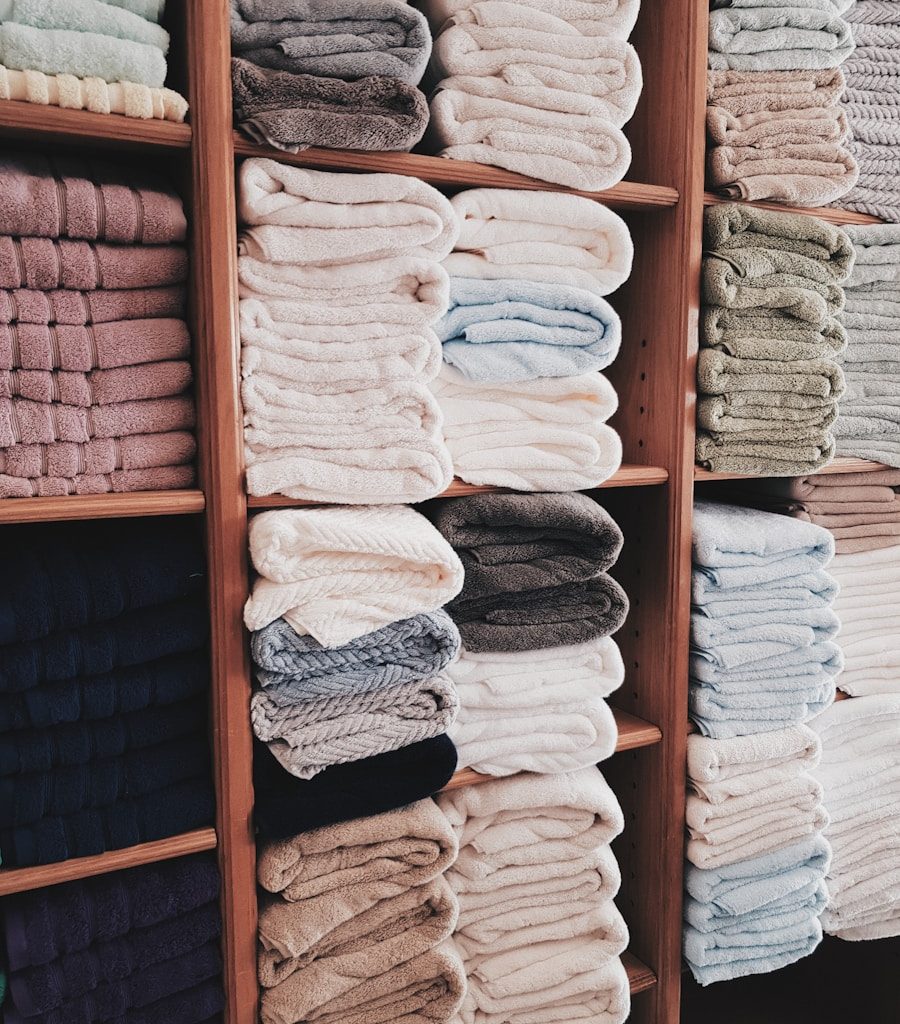 white and blue textile on brown wooden shelf