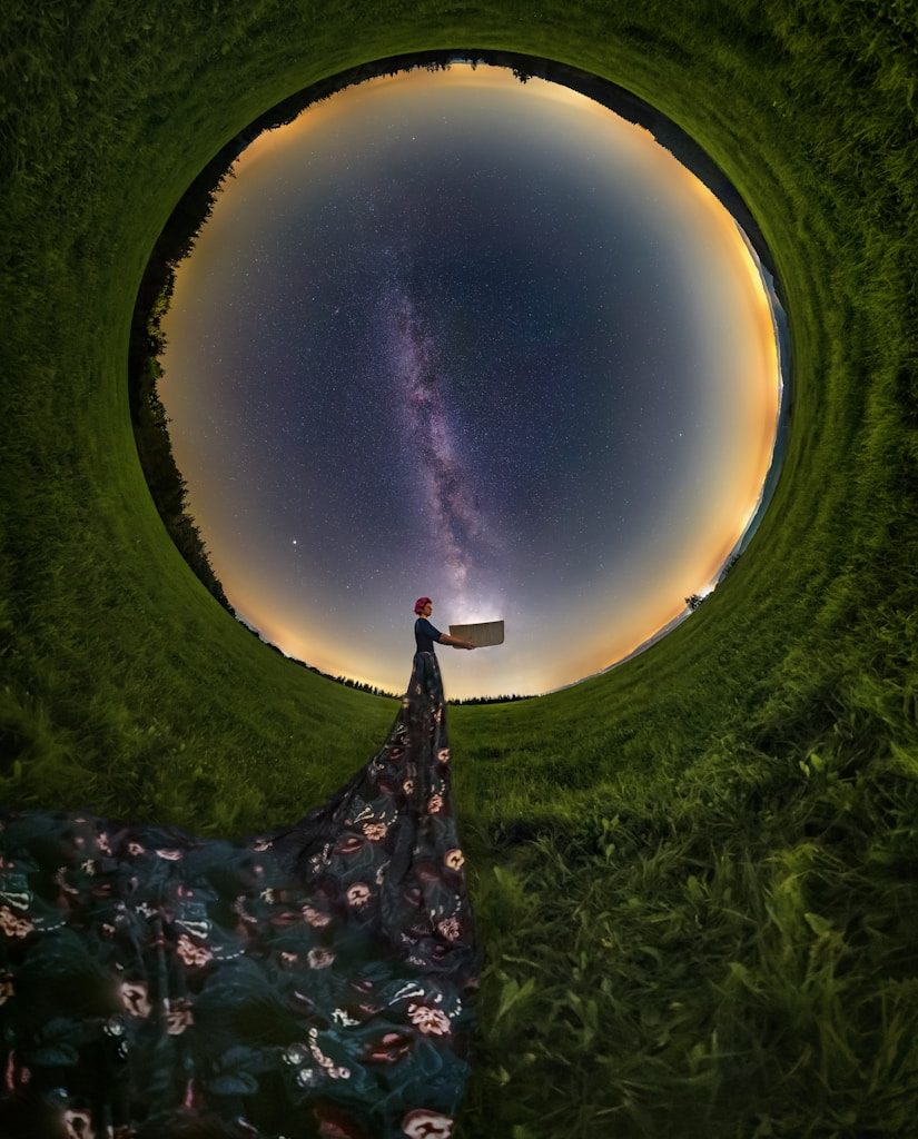 a person standing in a field looking at the stars
