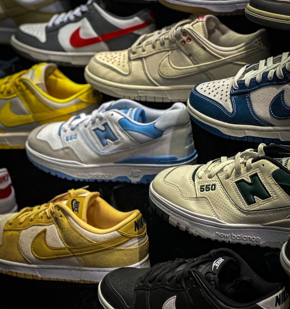 a bunch of different colors of shoes on display