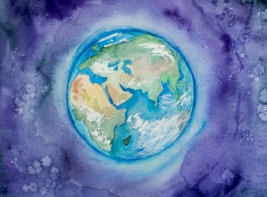 a watercolor painting of the earth in space