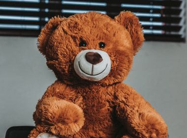 a brown teddy bear sitting on top of a desk